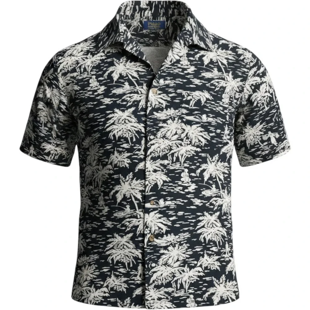 Vtg POLO RALPH LAUREN Caldwell Shirt Mens Large Black Aloha Loop Collar Beach